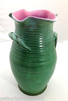 1920's Weller Fleron Vase 10 1/2" Green with Twisted Rope Handles