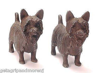 2 CAST IRON Yorkshire Terrier Yorkie Dog Bookends Door Stop RARE Antique Hubley