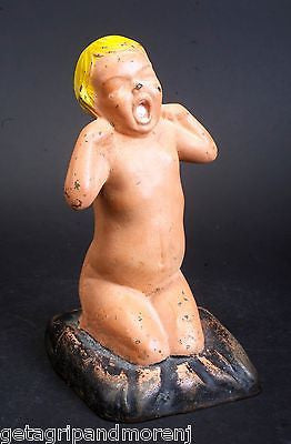 CAST IRON ML Corp Painted Yawning Child Girl Statue Door Stop Antique!