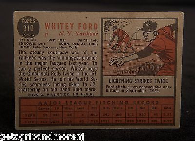 TOPPS WHITEY FORD 1962 #310 Baseball Card In Excellent Condition!