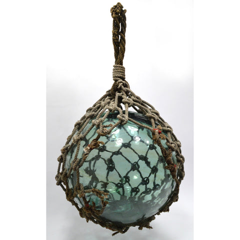 Antique JAPANESE GLASS FISHING FLOAT w/ Original Net EMBOSSED/SIGNED! Teal-Aqua