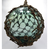 Antique JAPANESE GLASS FISHING FLOAT w/ Original Net EMBOSSED/SIGNED! Teal-Aqua