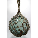 Antique JAPANESE GLASS FISHING FLOAT w/ Original Net EMBOSSED/SIGNED! Teal-Aqua