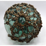 Antique JAPANESE GLASS FISHING FLOAT w/ Original Net EMBOSSED/SIGNED! Teal-Aqua