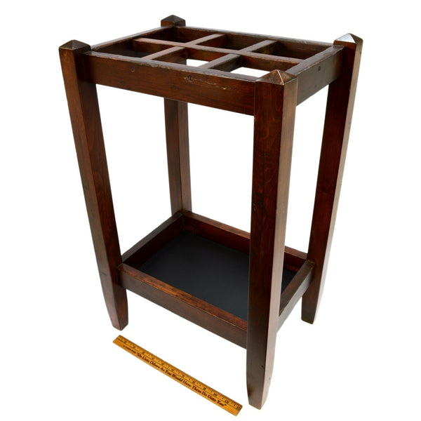 Antique MAHOGANY UMBRELLA RACK Wood Cane Stand w/ Tray ARTS & CRAFTS Entry Foyer