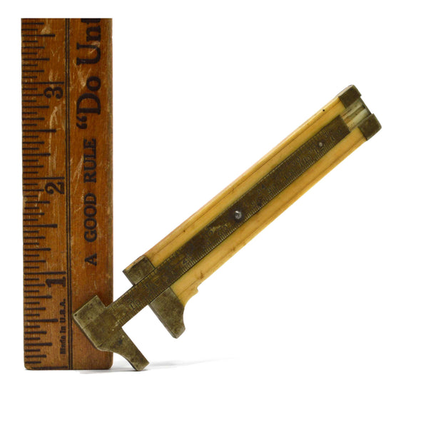 Antique TINY 3.5" BUTTON CALIPER RULE by "SCOVILL MFG. CO." Bone & German Silver