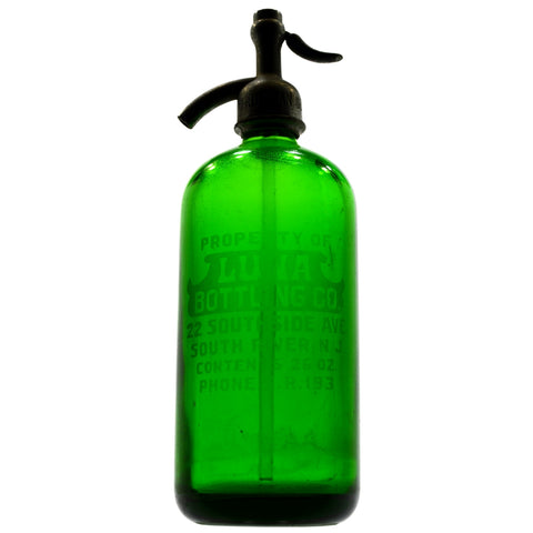 Vintage GREEN GLASS SELTZER BOTTLE Etched "LUNA BOTTLING CO." Friedman Cap RARE!