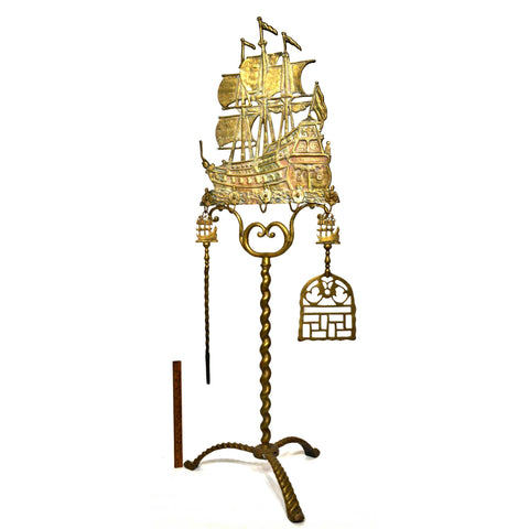 Antique NAUTICAL BRASS FIREPLACE RACK w/ 2 Tools "DON FERNANDO" SHIP Hearthware