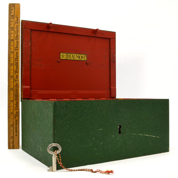 Vintage "DE BEAUMONT" STRONG/LOCK BOX Heavy-Duty Steel GREEN CASH CHEST w/ KEY!