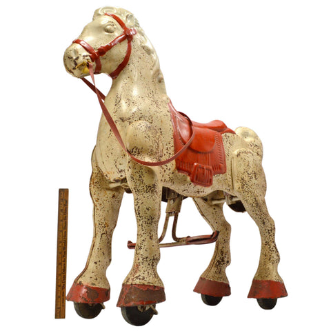 Vintage MOBO BRONCO MECHANICAL HORSE 30"T Kids Ride-on Toy RED & WHITE c.1950's