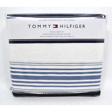 Brand New TOMMY HILFIGER "TWIN XL" SHEET SET White w/ Blue Stripes "X-LONG" 2017