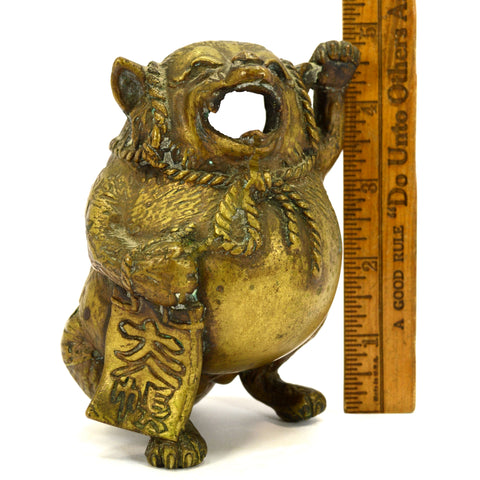 Antique FIGURAL BRASS "TANUKI" INCENSE BURNER Japanese RACCOON-DOG *Missing Lid*