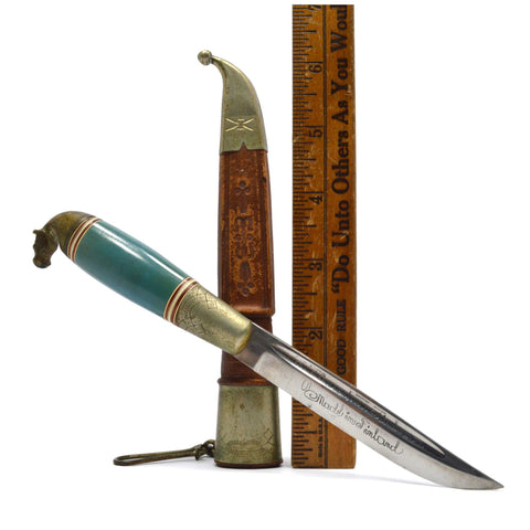 Vintage JARVENPAA FINLAND FIXED KNIFE w/ SCABBARD Ornate Brass HORSE HEAD POMMEL