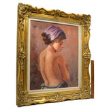 Original Art OIL ON PAINTING Vintage SIGNED "ALFIERI" Head Scarf NUDE BACK WOMAN