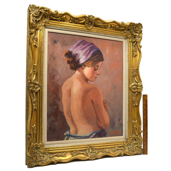 Original Art OIL ON PAINTING Vintage SIGNED "ALFIERI" Head Scarf NUDE BACK WOMAN