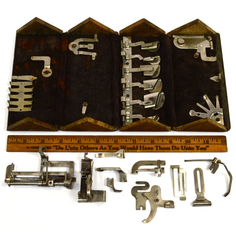 Antique SINGER TREADLE SEWING PUZZLE OAK BOX Marked "PAT 1880" + 17 Parts/Pieces