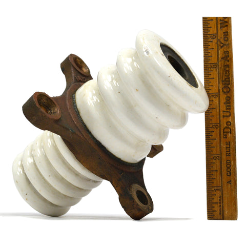 Vintage PORCELAIN INSULATOR w/ BRASS HARDWARE 7" White RIBBED CYLINDER "4-24-F"