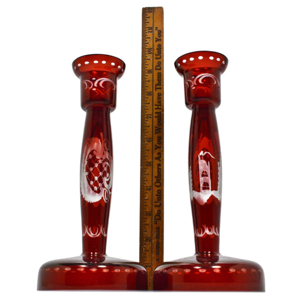 Vintage RUBY RED CRYSTAL CANDLESTICKS 8.75" Cut-to-Clear STAG & CASTLE Lot of 2