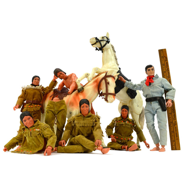 Vintage 1970's LONE RANGER Lot of 6 ACTION FIGURES + 2 HORSES Tonto CLOTHES Rare