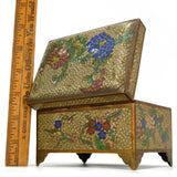 Antique CLOISONNE FOOTED HINGED BOX Chinese/Japanese? BRASS/BRONZE 3x5x3 Floral