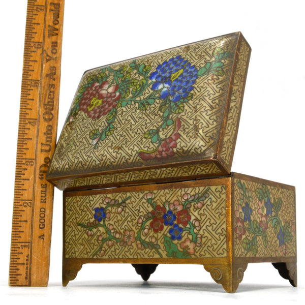 Antique CLOISONNE FOOTED HINGED BOX Chinese/Japanese? BRASS/BRONZE 3x5x3 Floral