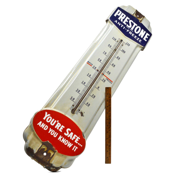 Vintage ADVERTISING WALL THERMOMETER "PRESTONE ANTI-FREEZE" Porcelain Over Steel