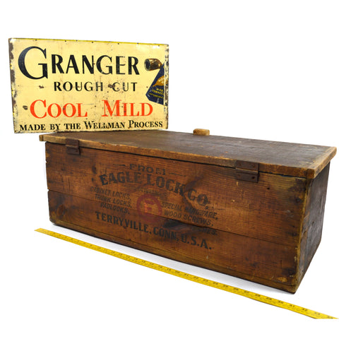 Antique EAGLE LOCK CO SALESMAN CHEST Wood Box + GRANGER TOBACCO ADVERTISING Rare