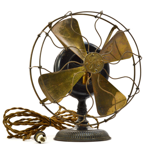 Antique G.E. 12" BRASS BLADE PANCAKE FAN 1900 Model TYPE UI FORM F-9 Stick Mount