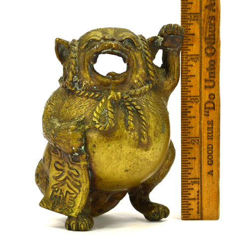 Antique FIGURAL BRASS "TANUKI" INCENSE BURNER Japanese RACCOON-DOG *Missing Lid*