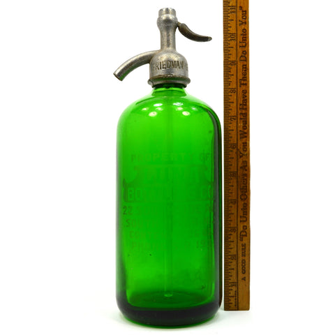Vintage GREEN GLASS SELTZER BOTTLE Etched "LUNA BOTTLING CO." Friedman Cap RARE!