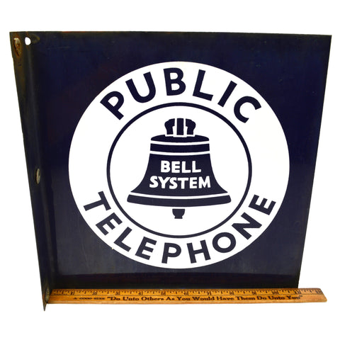 Vintage BELL SYSTEM "PUBLIC TELEPHONE" Double-Sided FLANGE SIGN 11x11" Porcelain