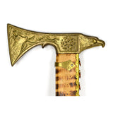 Vintage POLISH HIKING CANE Walking Stick BRASS AXE-EAGLE HEAD Tiger-Striped Wood