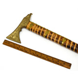 Vintage POLISH HIKING CANE Walking Stick BRASS AXE-EAGLE HEAD Tiger-Striped Wood