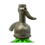 Vintage GREEN GLASS SELTZER BOTTLE Etched "LUNA BOTTLING CO." Friedman Cap RARE!