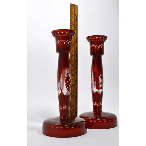 Vintage RUBY RED CRYSTAL CANDLESTICKS 8.75" Cut-to-Clear STAG & CASTLE Lot of 2
