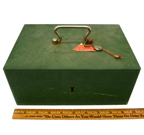 Vintage "DE BEAUMONT" STRONG/LOCK BOX Heavy-Duty Steel GREEN CASH CHEST w/ KEY!