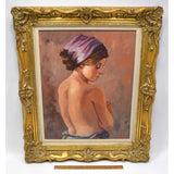 Original Art OIL ON PAINTING Vintage SIGNED "ALFIERI" Head Scarf NUDE BACK WOMAN