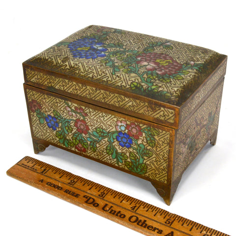 Antique CLOISONNE FOOTED HINGED BOX Chinese/Japanese? BRASS/BRONZE 3x5x3 Floral