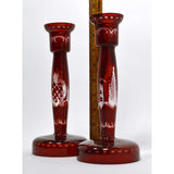 Vintage RUBY RED CRYSTAL CANDLESTICKS 8.75" Cut-to-Clear STAG & CASTLE Lot of 2
