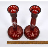 Vintage RUBY RED CRYSTAL CANDLESTICKS 8.75" Cut-to-Clear STAG & CASTLE Lot of 2