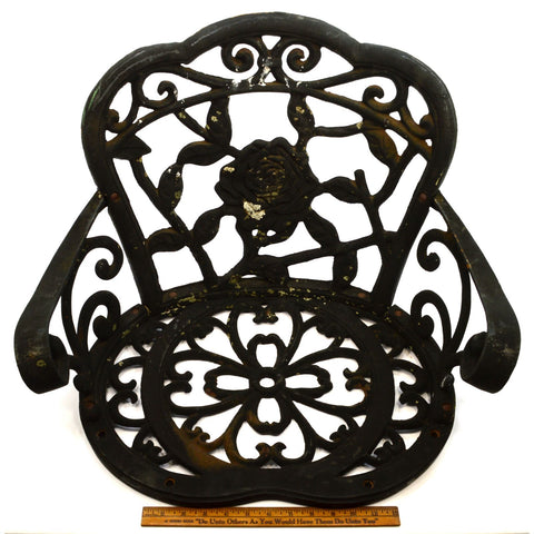Salvaged CAST IRON PATIO CHAIR (No Legs) w/ ROSE MOTIF Lawn/Garden Decor BLACK