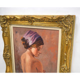Original Art OIL ON PAINTING Vintage SIGNED "ALFIERI" Head Scarf NUDE BACK WOMAN