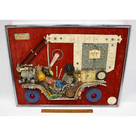 Vintage FOLK/OUTSIDER ART COLLAGE "John's Car" by JULES ORIGINALS c.1972 Signed!