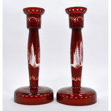 Vintage RUBY RED CRYSTAL CANDLESTICKS 8.75" Cut-to-Clear STAG & CASTLE Lot of 2