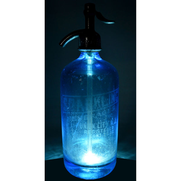 Vintage SPARKLING BEVERAGES SELTZER BOTTLE Turquoise Blue w/ CAP & GLASS SYPHON!