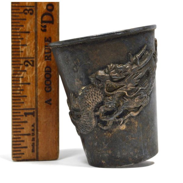 VTG/Antique ASIAN HALLMARKED PEWTER CUP Metal Shot Glass EMBOSSED ORNATE DRAGON!