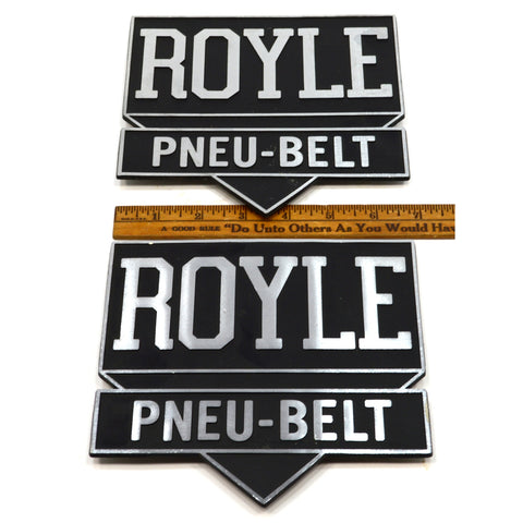 Vintage MACHINIST NAMEPLATE Lot; 2 ROYLE PNEU-BELT LOGO TAGS Paterson/Oakland NJ