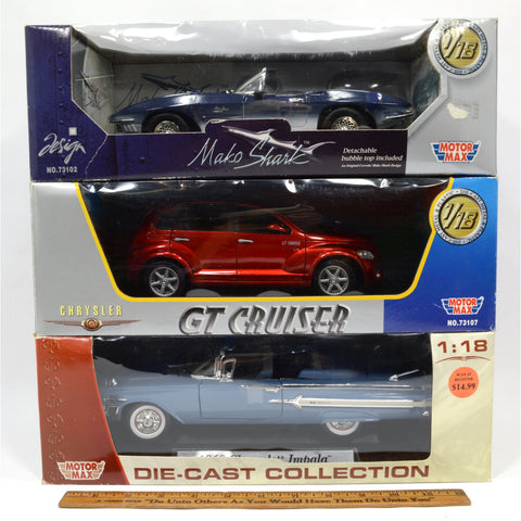 Lot of 3! MOTOR MAX DIECAST CARS 1:18 Scale '61 MAKO SHARK '60 Impala GT CRUISER