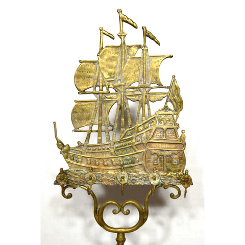 Antique NAUTICAL BRASS FIREPLACE RACK w/ 2 Tools "DON FERNANDO" SHIP Hearthware