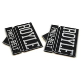 Vintage MACHINIST NAMEPLATE Lot; 2 ROYLE PNEU-BELT LOGO TAGS Paterson/Oakland NJ